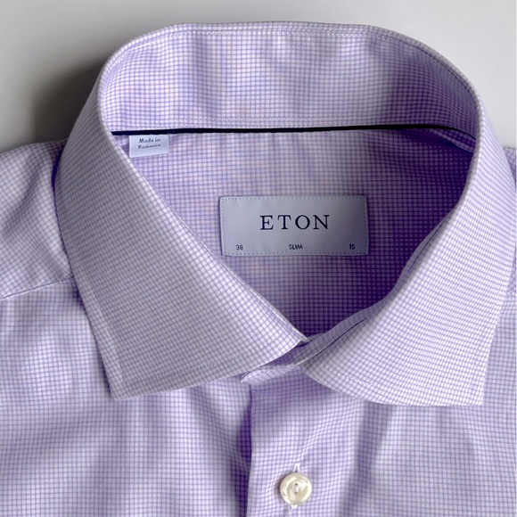 Eton Slim Fit Micro Check Dress Shirt Men's 38/15 Light Purple Spread Collar L/S - Picture 6 of 8